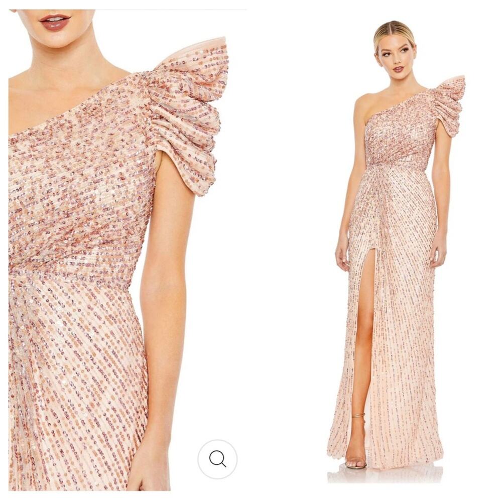 NWT MAC DUGGAL Apricot Sequin Embellished Puff One Shoulder Maxi Gown Women’s